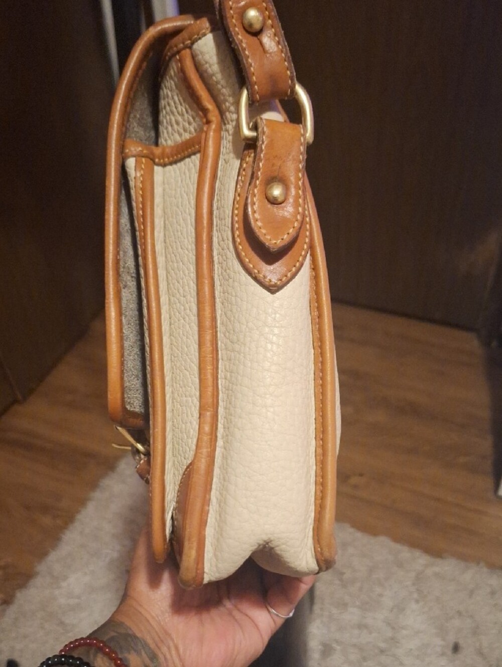Dooney & Bourke Cream and Tan Pebbled Leather Crossbody - Picture 5 of 11